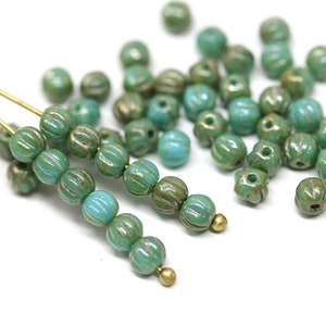 4mm Turquoise green round beads Picasso czech glass Melon shape beads 50pc - 3270