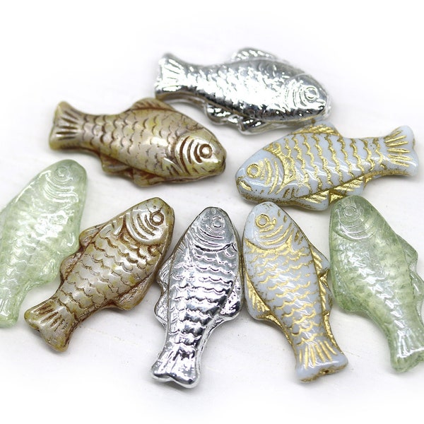 Czech glass large fish beads Silver fish Nautical jewelry making, 4Pc