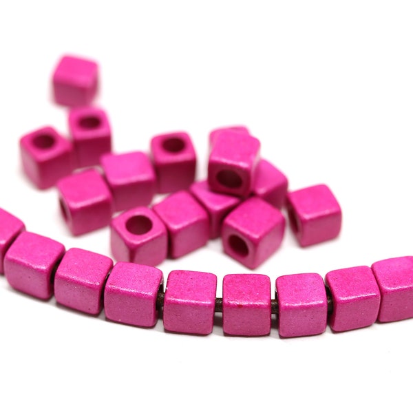 5mm Bright pink ceramic cube beads for leather cord Dark pink 2mm hole square beads 25pc - 3542