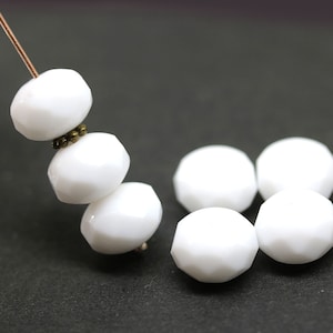 7x11mm Opaque white fire polished puffy rondelle Czech glass beads large rondels 8pc - 2539