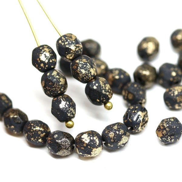 6mm Matte black round fire polished czech glass beads golden flakes faceted spacers, 30Pc - 3957