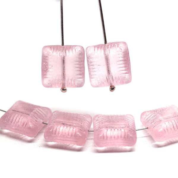 14mm Large carved square light rose pink czech glass thick beads, 6Pc - 1121