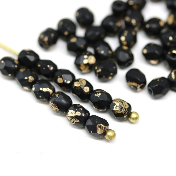 4mm Jet black czech beads, gold flakes fire polished spacer glass beads for jewelry making, 50Pc - 3185