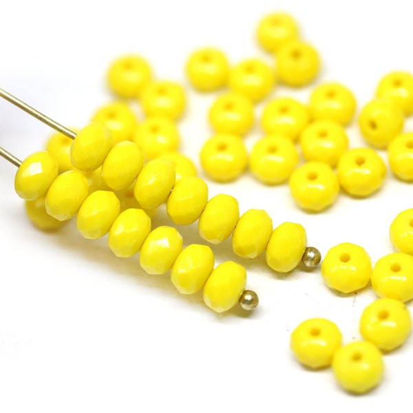 Sunny yellow czech glass beads spacers, opaque yellow gemstone cut rondelle 3x5mm - 50pc - 2247