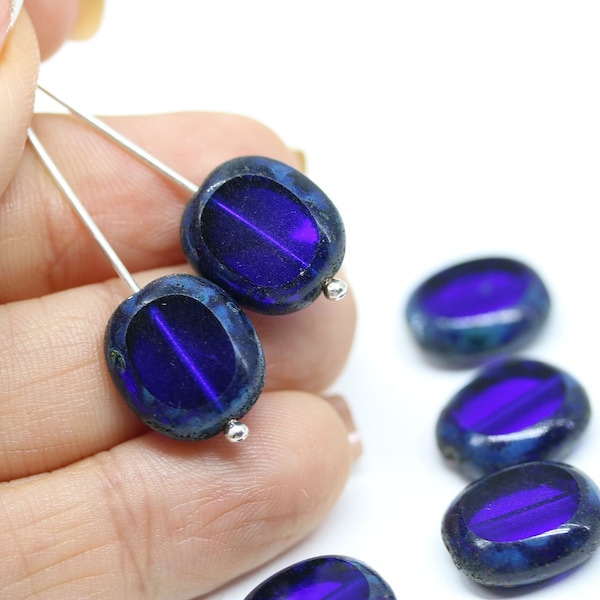 14x12mm Cobalt czech glass oval beads Dark blue Picasso fire polished large beads table cut, 6Pc - 5101