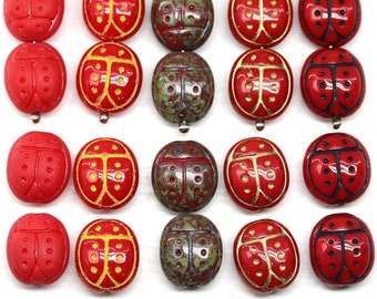 Red ladybug Czech glass beads 13x11mm large ladybird, 6pc per color