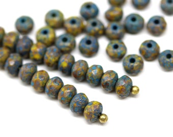 3x5mm Rustic yellow czech glass beads yellow blue fire polished beads gemstone cut rondelle, 40pc - 5593