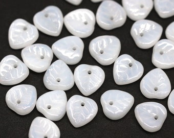 Alabaster white triangle leaf beads Heart shaped opal white Czech glass small leaves petals, 30pc - 5098