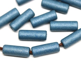 17mm Metallic blue ceramic tube beads, long greek ceramic beads for leather cord 2.5mm hole, 15pc - 3157