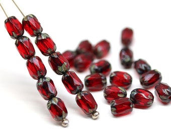 6x4mm Dark red Czech glass fire polished rice beads picasso small oval barrel 25pc - 3314