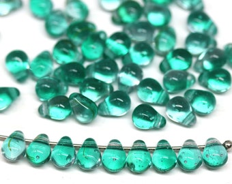 50pc Teal green tiny drops czech glass, 4x6mm green small teardrop beads - 0519