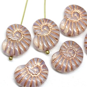 Nautilus Czech glass seashell beads, opal white ammonite fossil copper wash 13x17mm, 6Pc - 3994