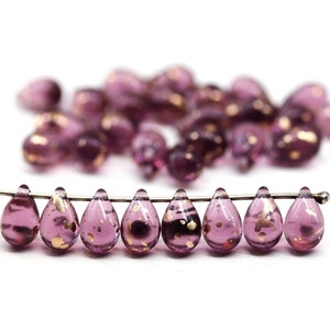 6x9mm Dark purple teardrop beads with golden flakes Czech glass top drilled drop, 30pc - 2424