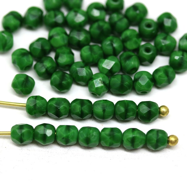 4mm Malachite green czech beads dark green faceted beads fire polished spacers, 50Pc - 3870