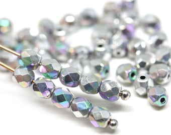 4mm Silver small czech beads, Vitrail finish fire polished glass spacer beads, 50Pc - 3587