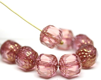 10mm Dark Pink cathedral czech glass beads, Golden ends Large fire polished faceted ball beads 8Pc - 0138