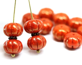 Orange pumpkin beads rustic luster 7x11mm rondelle Czech glass carved pressed beads - 5449