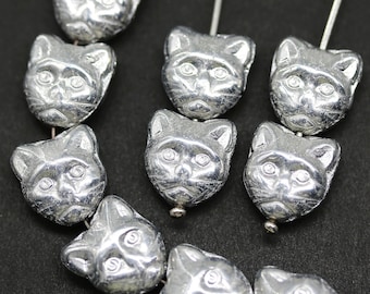 Silver cat beads 11mm Czech pressed glass feline beads 10pc - 0210