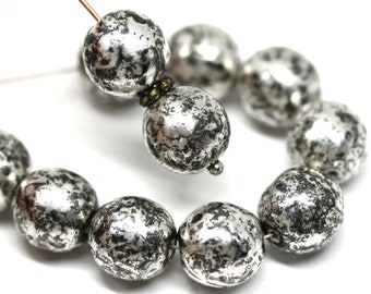 10mm Black round druk beads, Heavy silver wash Czech glass pressed beads 15Pc - 1269