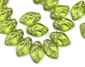 12x7mm Olive green leaf beads Gold wash Czech glass pressed olivine leaves 30Pc - 3676