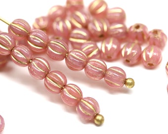 4mm Opal pink round druk beads Czech glass Melon shape beads Gold wash 50pc - 1803