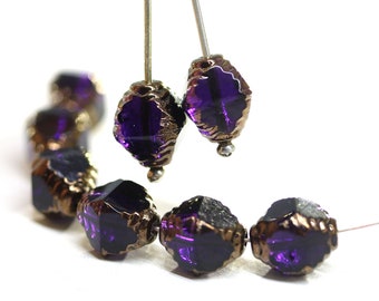 10x8mm Very dark purple bicone fire polished czech glass beads golden edge, 8Pc - 5659
