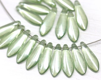 Set of 25 or 50. Pale Yellow Green transparent w Light Gold luster 16 x 4mm daggers