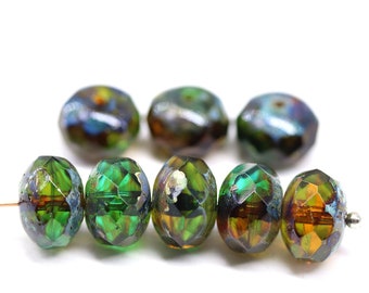 7x11mm Brown green fire polished rondelle picasso Czech glass beads large rondels 8pc - 1065