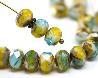 6x8mm Gemstone cut picasso rondelle beads Blue yellow fire polished czech glass donut beads, 10pc - 5139