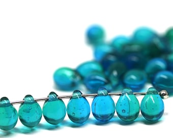 40pc Blue green teardrops 5x7mm czech glass top drilled drop mixed color beads - 2736