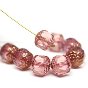 10mm Dark Pink cathedral czech glass beads, Golden ends Large fire polished faceted ball beads 8Pc 0138 image 1