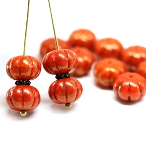 Orange pumpkin beads rustic luster 7x11mm rondelle Czech glass carved pressed beads 5449 image 1