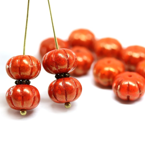 Orange pumpkin beads rustic luster 7x11mm rondelle Czech glass carved pressed beads - 5449