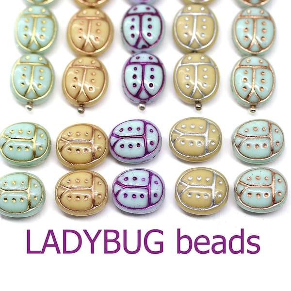 Large ladybug beads beige mint Czech glass ladybird bug beads 13x11mm - 4Pc