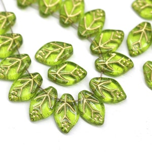 12x7mm Olive green leaf beads Gold wash Czech glass pressed olivine leaves 30Pc 3676 image 1