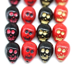 4pc Black glass skull beads Halloween decor Skeleton red skull Czech beads