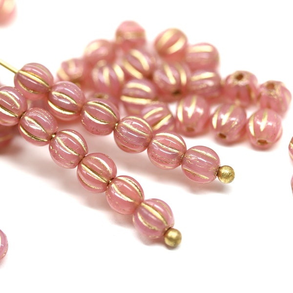 4mm Opal pink round druk beads Czech glass Melon shape beads Gold wash 50pc - 1803