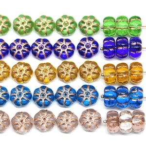 12mm Puffy daisy flower Czech glass bead Blue yellow green floral beads, copper inlays, 8pc