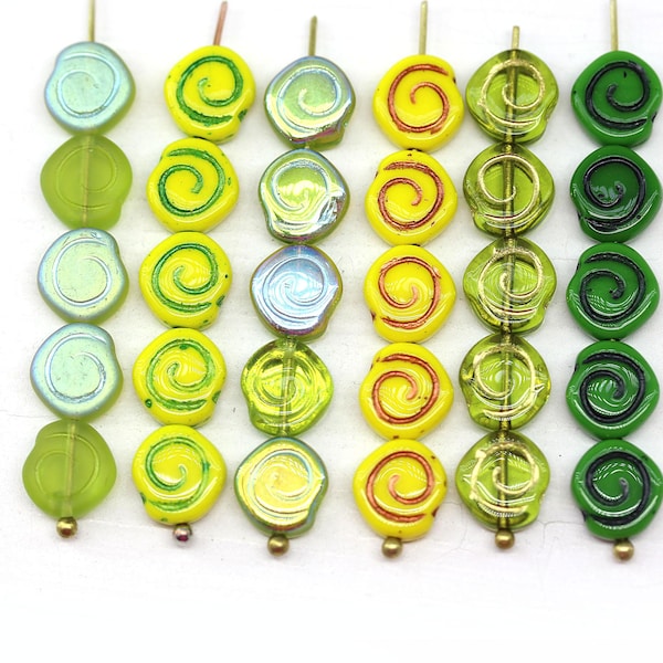 Cuentas de vidrio checo en espiral, fósil de caracol de concha de oro amarillo y verde, 15 unidades