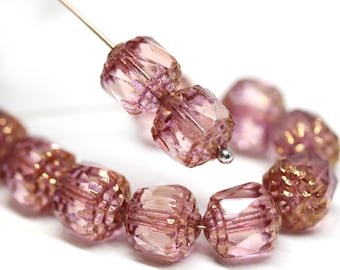 8mm Pink cathedral czech glass beads, Golden ends fire polished faceted ball beads 10Pc - 1574