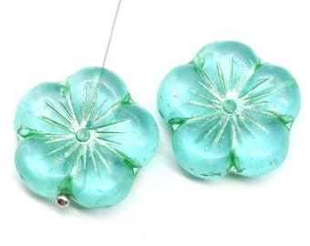 22mm Large teal green flower bead Czech glass big five petal flowers - 1224