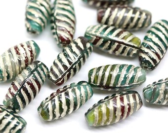 14x7mm Teal green long barrel czech glass beads, silver wash, mixed color oval carved beads 15Pc - 3892