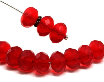 Frosted red Czech glass rondelle beads 6x9mm gemstone cut fire polished, 12Pc - 2020