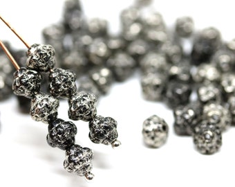 Jet black Silver wash 6mm fancy bicone czech glass pressed beads 60pc - 1482