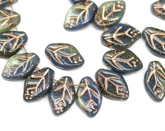 12x7mm Blue gray leaf beads Czech glass beads pressed leaves copper wash top drilled 30Pc - 2141