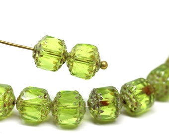 8mm Grass green cathedral czech glass beads, rustic ends fire polished faceted ball beads 10Pc - 1919