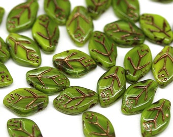 12x7mm Mixed green leaf beads Czech glass pressed leaves bronze inlays 30Pc - 5077