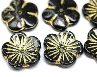 20mm Large black flower beads gold wash Czech glass flower cap beads, 6Pc - 3026