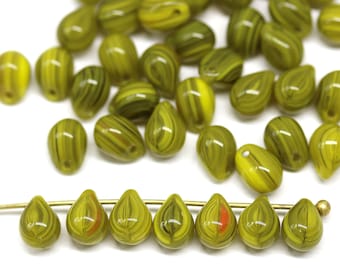 5x7mm Green yellow teardrops czech glass top drilled drops Olive green beads, 50pc - 0707