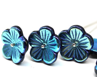20mm Large black flower beads blue luster Czech glass flower cap beads, 4Pc - 5180